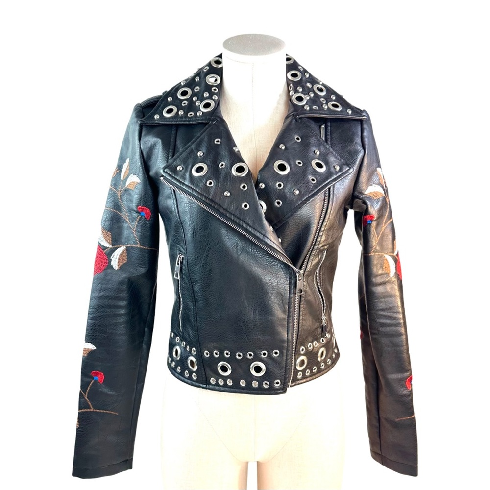 Free Generation Floral Embroidered Black Faux Leather Biker Jacket Size: S